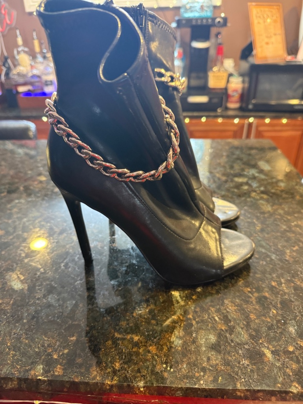 Steve Madden Black Open-Toe Stiletto Booties with Gold Chain